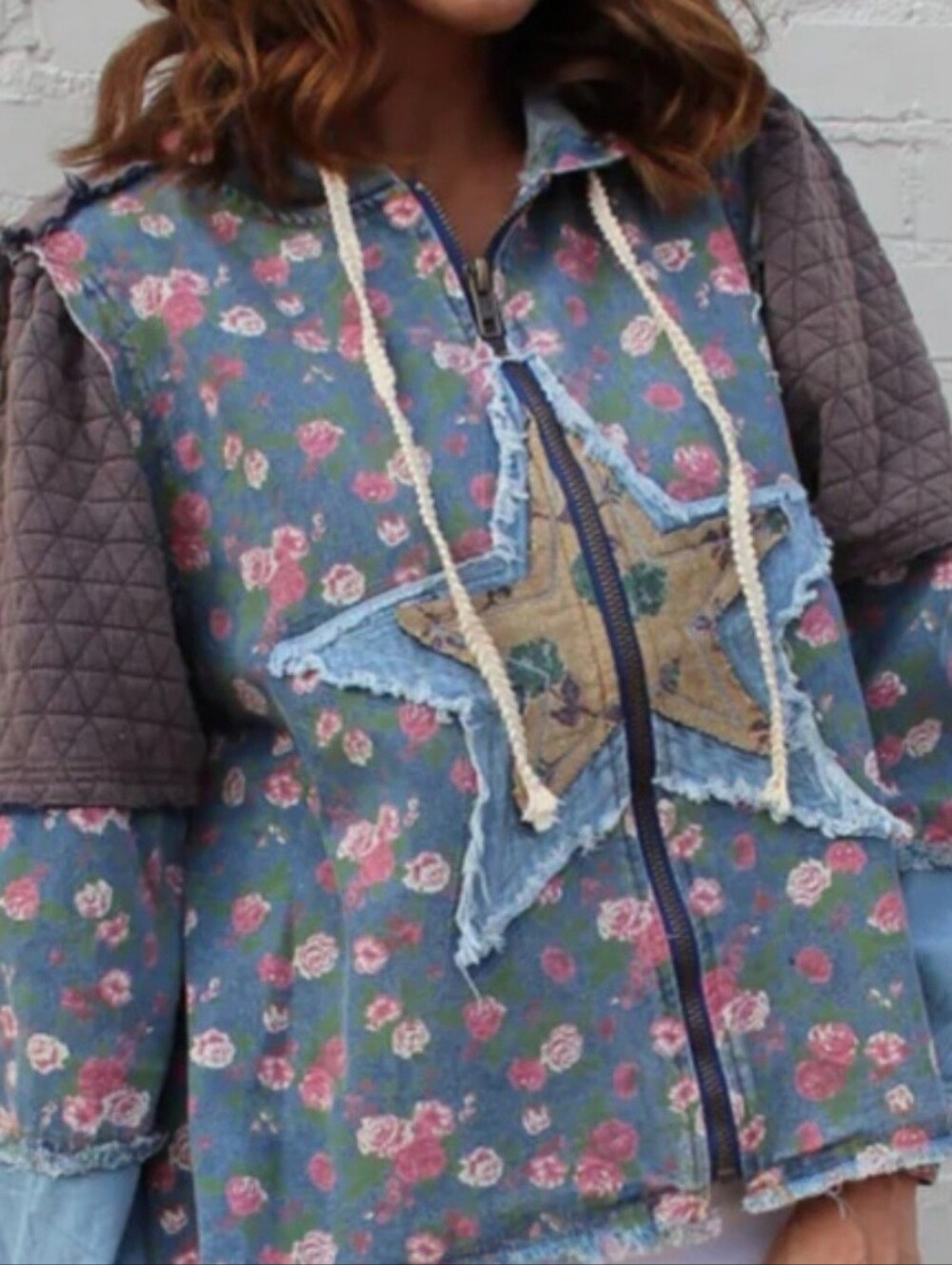 P3872–POL Floral Patchwork Jean Jacket with Zipper and hood